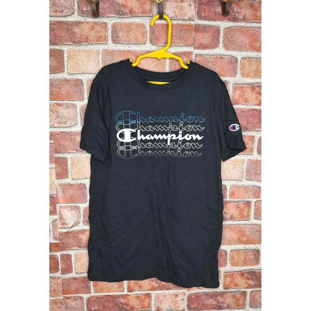 Champion Boys Large Black Stacked Logo Graphic T-Shirt Short Sleeve Tee L